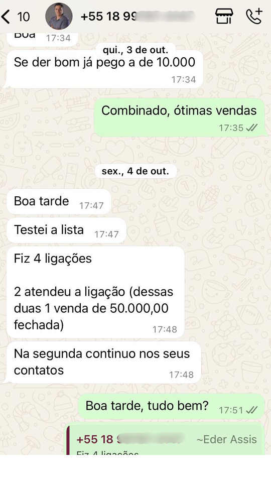 Print de conversa no WhatsApp mostrando resultados de vendas